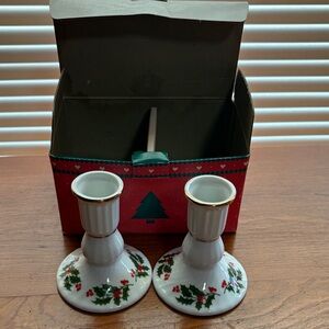 Festive Holly Candle Holders with Gold Trim
